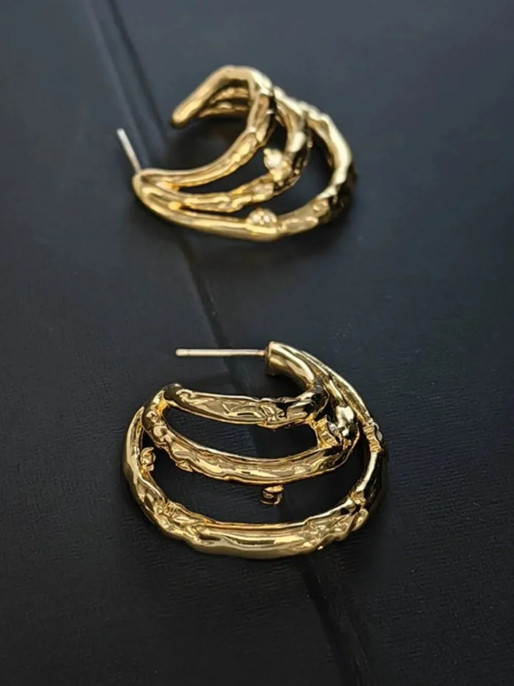 Textured Gold Multi-Layer C-Hoop Earrings with Crystal Accents